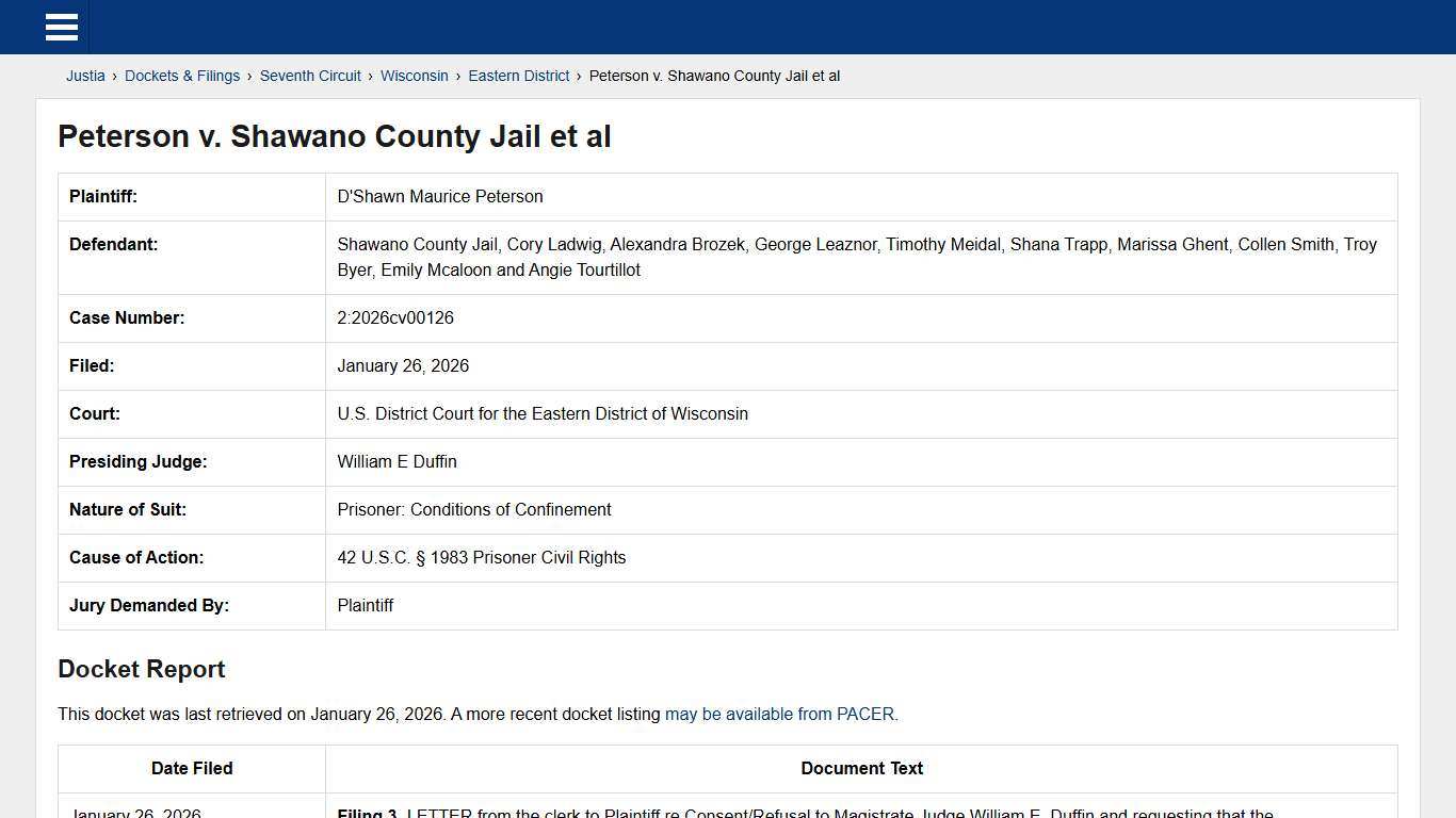 Peterson v. Shawano County Jail et al 2:2026cv00126 U.S. District Court for the Eastern District of Wisconsin Justia